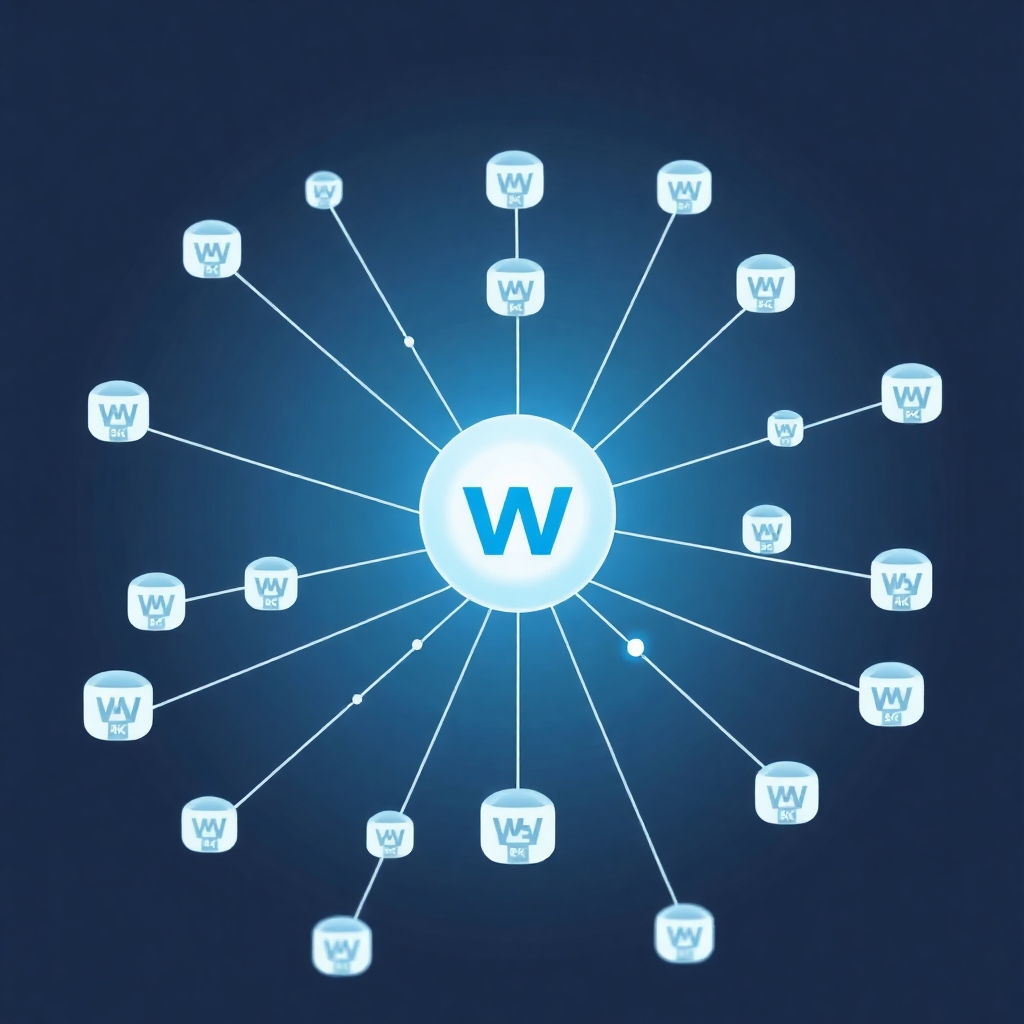 An image depicting a network of interconnected websites, with one prominent website at the center, symbolizing a high-ranking website in search results. The image should use a clean and modern design, perhaps a network graph with nodes and lines, high-quality and 4K resolution.