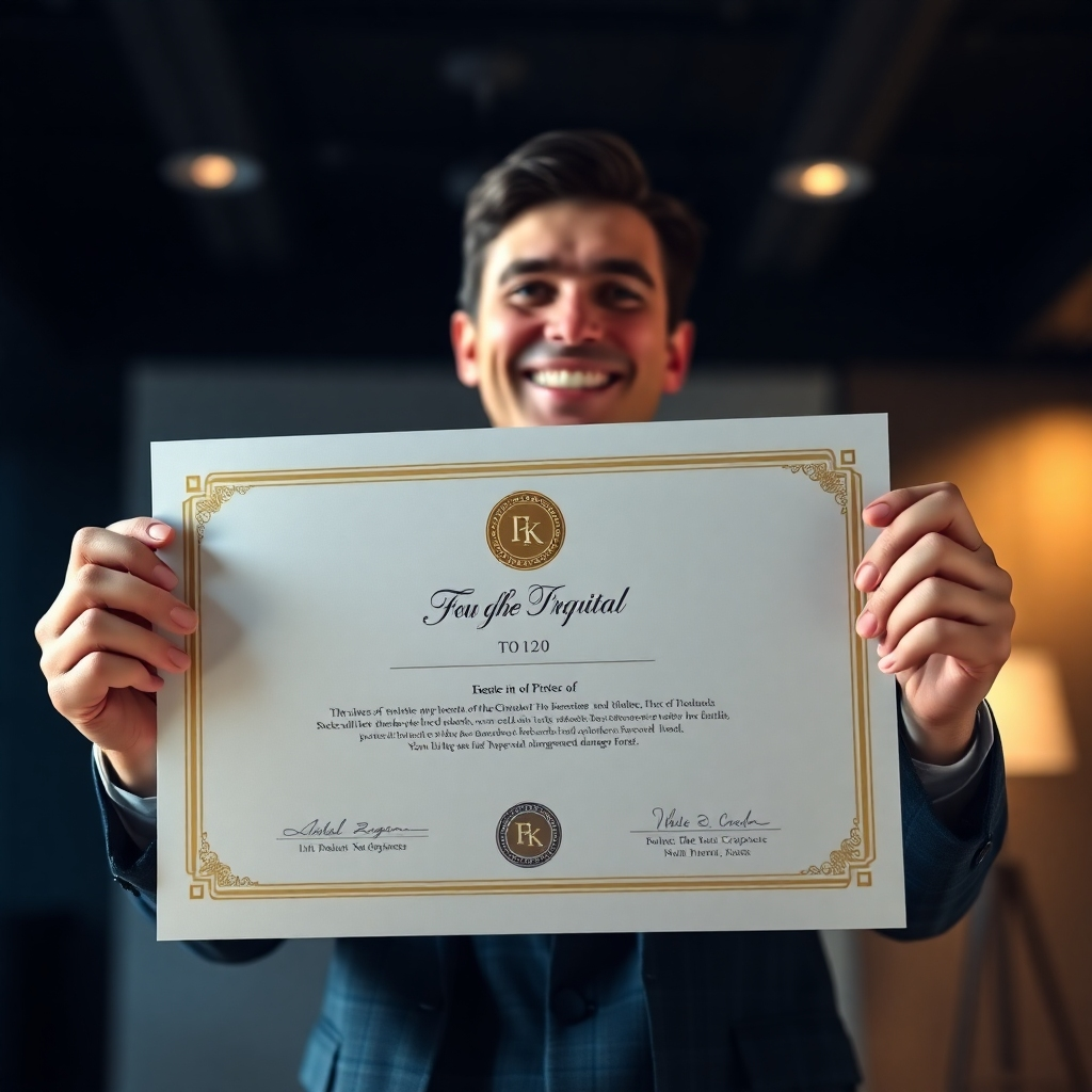 An ultra-high resolution (8K), photorealistic image depicting a person proudly holding a certificate. The lighting is dramatic, with a soft spotlight on the certificate and the individual, creating a celebratory mood. The color palette is elegant and professional, focusing on deep blues and golds, subtly emphasizing luxury and accomplishment. The certificate is meticulously detailed, featuring an embossed logo and professional design elements. The individual is dressed in smart business attire. The background is a subtly blurred professional office space. The camera angle is a slight close-up, showcasing both the certificate and the recipient's joyous expression.  The image focuses on texture and materials, highlighting the quality of the certificate paper and the richness of the fabrics. The image is inspired by the style of Steve McCurry's portrait photography, emphasizing the emotional impact and the details of the scene.  The final image should be hyperrealistic and evoke a sense of success and accomplishment.
