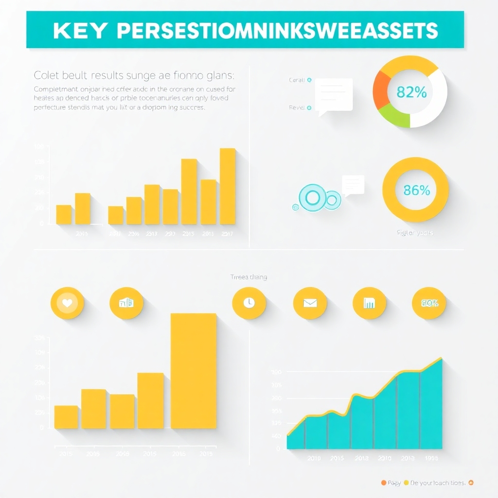 Create a dynamic and infographic-style image showcasing key performance indicators or case study results, reflecting success. The style should be modern, clean, and data-driven, using visuals such as charts and graphs to highlight achievements.