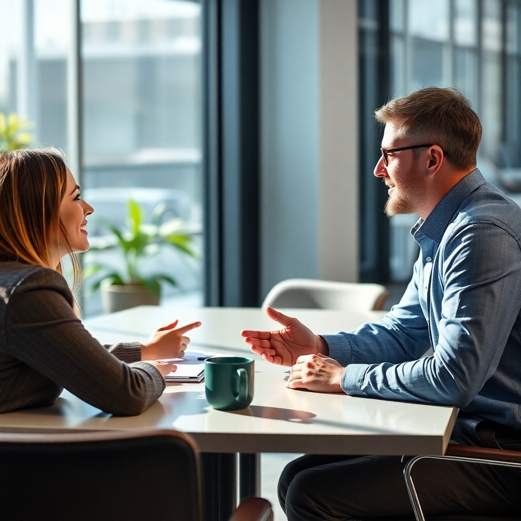 Create a photorealistic image depicting a collaborative meeting between a SempQual consultant and a client. Use a modern office setting with natural light. The mood should be positive and professional, showcasing trust and collaboration. High-quality textures and details are crucial. The image style should convey a sense of teamwork and partnership.