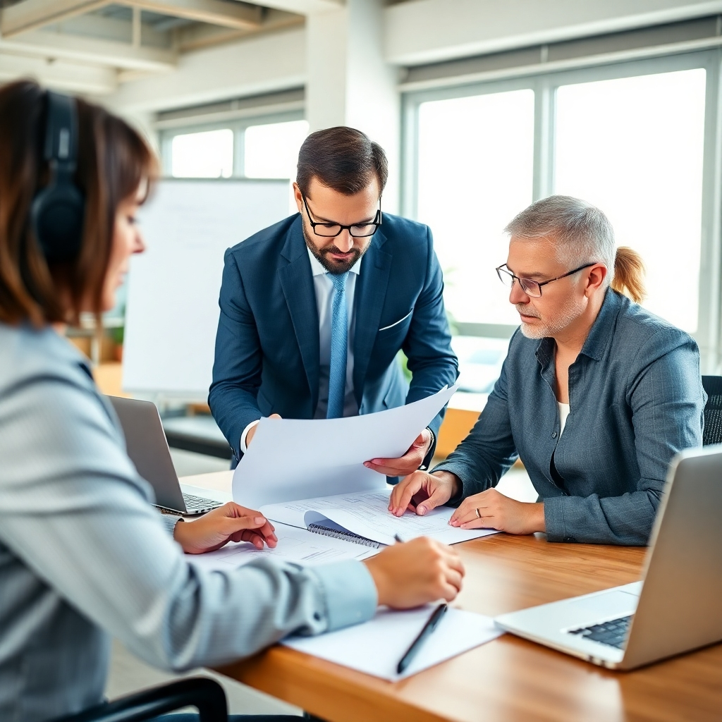 Create a photorealistic image of a consultant working on a personalized business plan with a client, emphasizing the customized approach. The setting should reflect a professional and productive environment. The overall mood should be of collaboration and creative problem-solving.