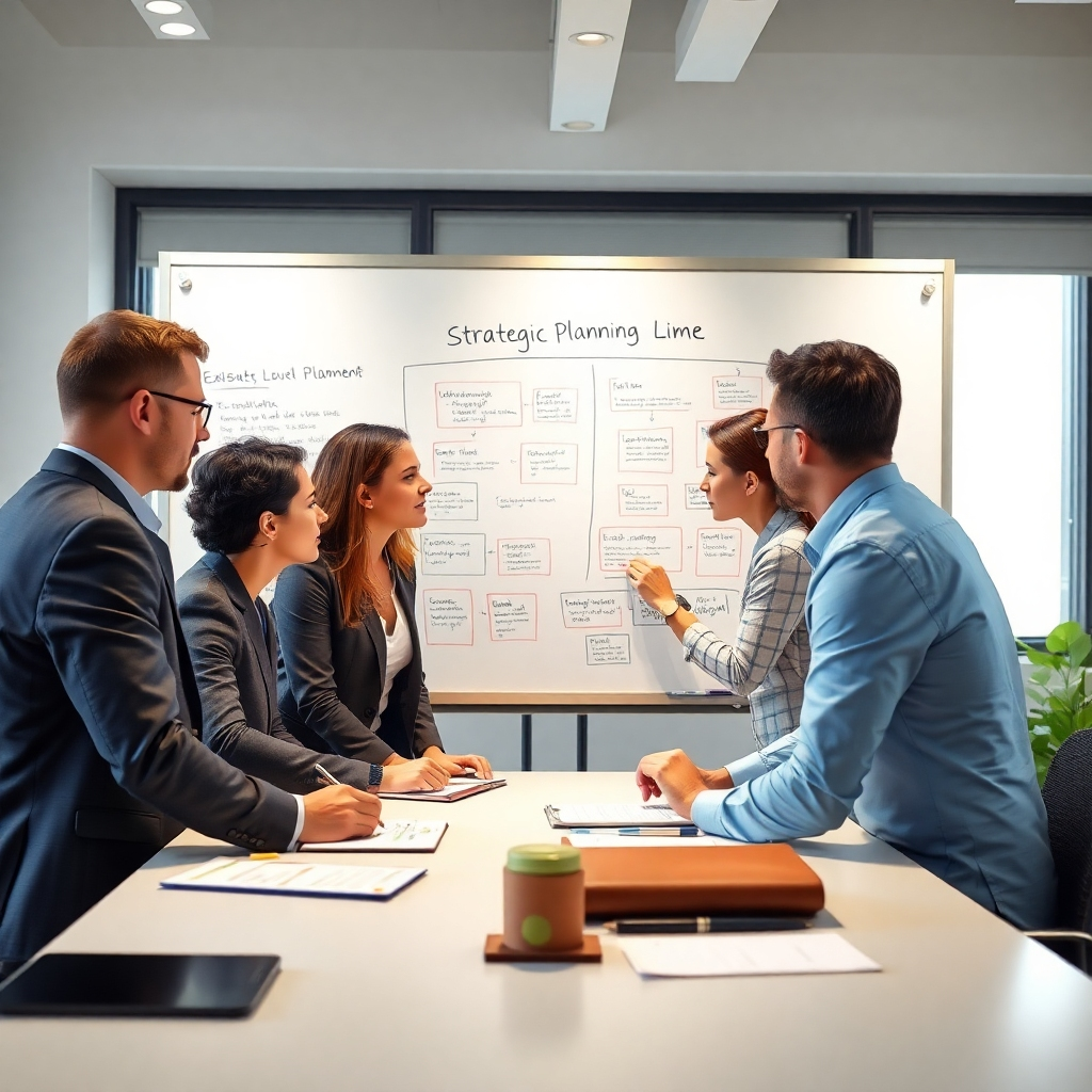 Create a photorealistic image depicting a strategic planning session, with consultants and clients working collaboratively on a whiteboard or digital interface. The style should emphasize collaboration, creativity, and focus.