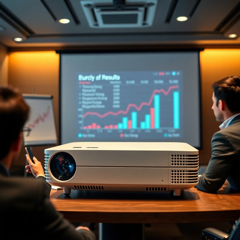Create a photorealistic image of a successful business presentation using a high-quality projector and a modern presentation style, emphasizing data and results. The setting should be upscale and professional, reflecting success and achievement. The mood should be positive and confident.