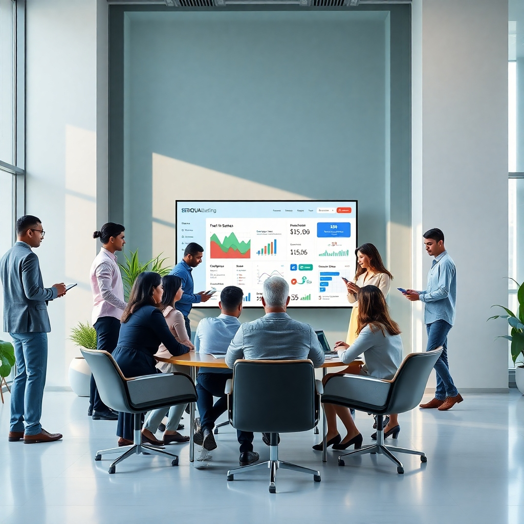 Create a photorealistic, ultra-high quality 8K resolution image for SEMQUAL CONSULTING's website header.  The image should depict a modern, sleek office space with a diverse team of professionals collaborating around a large screen displaying a website mockup. The mockup should subtly showcase key elements of SEMQUAL's services, such as SEO keywords, analytics dashboards, and UX design elements. The lighting should be bright and natural, with a soft, diffused light source coming from a large window. The color palette should be sophisticated and calming, using neutral tones with pops of blue and green to represent trust and growth. The camera angle should be slightly elevated, offering a dynamic perspective of the team's activity. Texture details should be highly realistic, including the subtle textures of clothing, furniture, and technology. The environment should be clean, modern, and professional, emphasizing a sense of innovation and collaboration. Relevant props such as laptops, smartphones, and data visualizations should be included. The overall style should evoke a sense of professional excellence and modern technology, similar to high-end corporate photography featured in Forbes or Fast Company.  The image must be hyperrealistic, with exceptional attention to detail and realistic lighting.