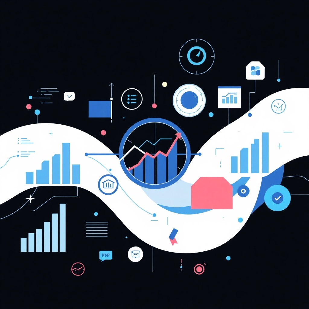 Create a stylized image combining abstract data representations with business-related icons.  Use cool colors to symbolize data analysis and strategic thinking. The style should be modern and tech-forward, suggesting advanced analytical capabilities.