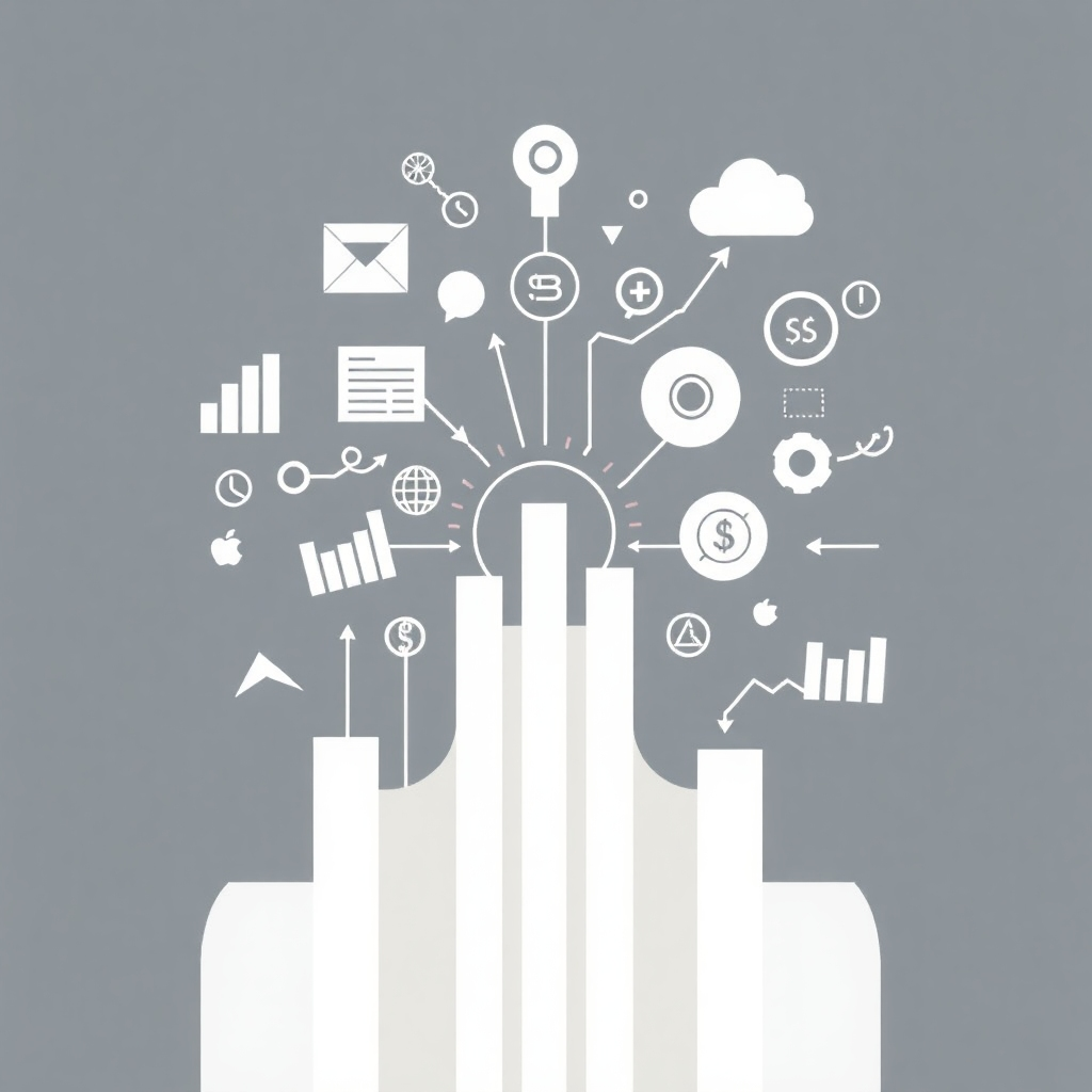 Create a stylized image depicting various business elements, such as graphs, charts, and icons, converging towards a central point of success or growth. The style should be clean, modern, and abstract. Use a muted, professional color palette, and incorporate a sense of movement and progress.