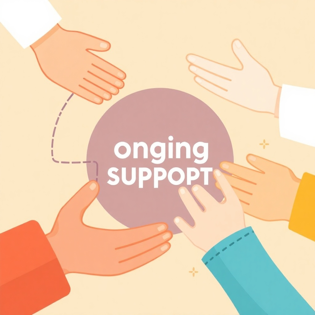Create a stylized image illustrating ongoing support and guidance through visual metaphors like guiding hands or a supportive network. Use a warm color scheme and a friendly, reassuring style to convey trustworthiness and commitment.