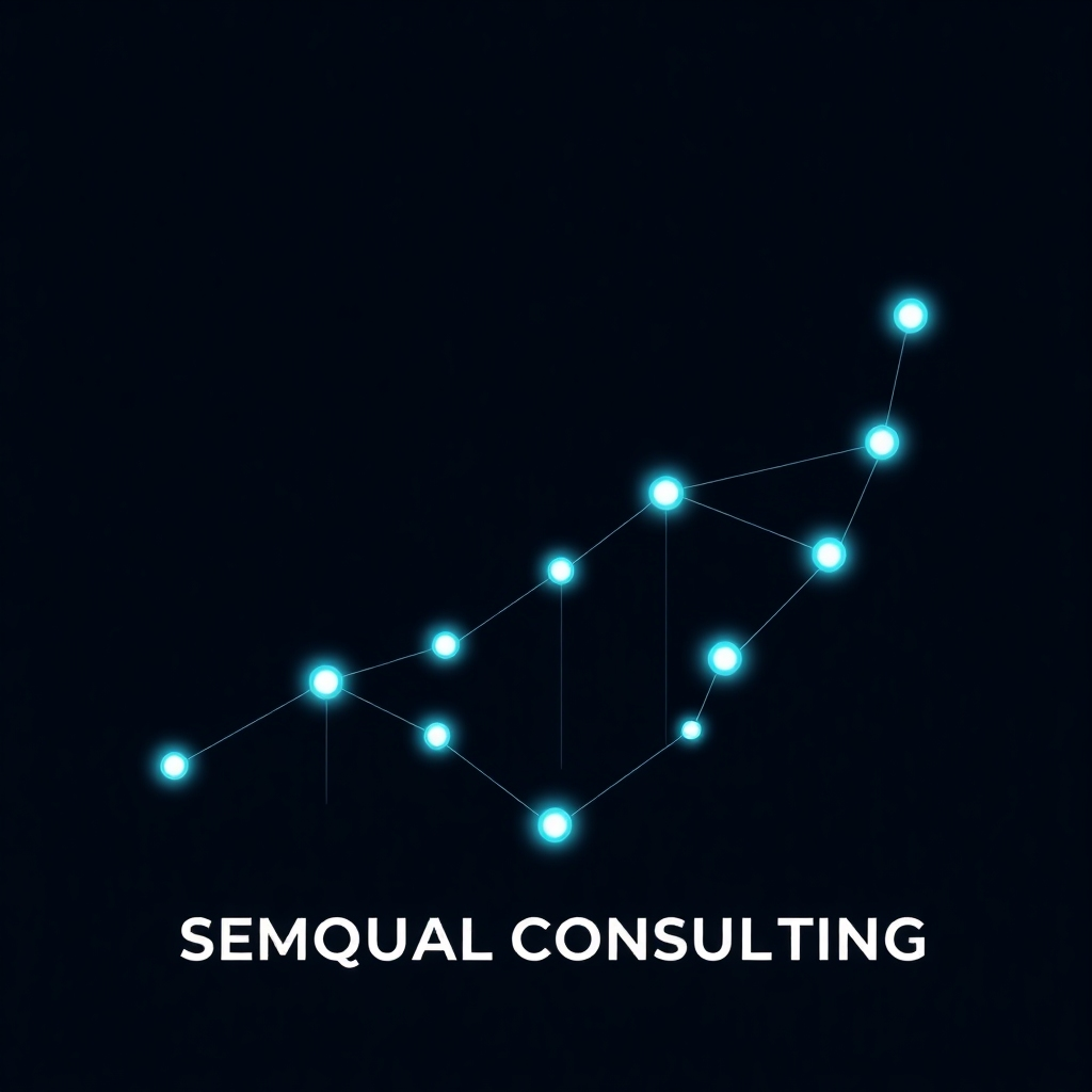 Create a stylized image representing SEMQUAL CONSULTING's mission. The image should depict a stylized upward-trending graph composed of interconnected nodes representing website traffic, SEO success, and brand growth. Each node should glow softly, and a network of lines should connect them, visualizing the interconnectedness of SEMQUAL's services. The color scheme should be a mix of blues and greens, symbolizing growth and trust, against a dark background to accentuate the graph.  The overall style should be clean, modern, and high-tech, using smooth gradients and vector graphics. The camera angle should be a straight-on view, directly showcasing the graph's upward trajectory. The resolution should be 4K, high quality, suitable for website usage. Aim for a look similar to data visualization found in top-tier business publications.