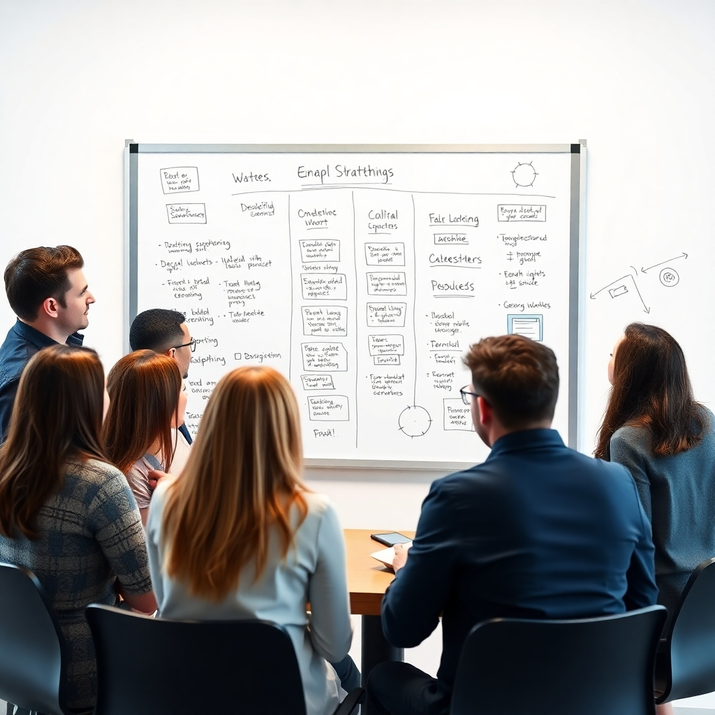 Generate a photorealistic image of a team brainstorming around a whiteboard filled with strategic plans and ideas. The image should convey a collaborative and innovative atmosphere.