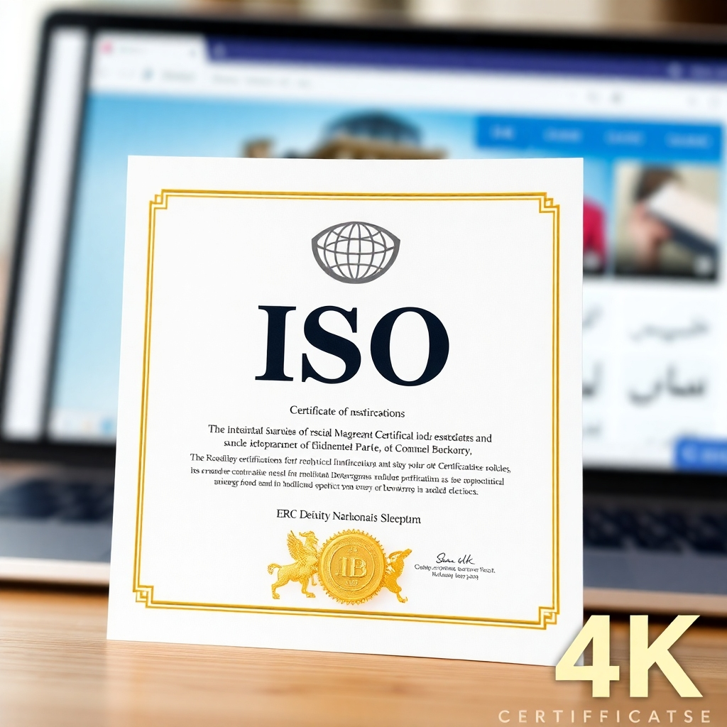 Image of an ISO certificate with a website in the background, emphasizing credibility and professionalism. High quality, 4K resolution