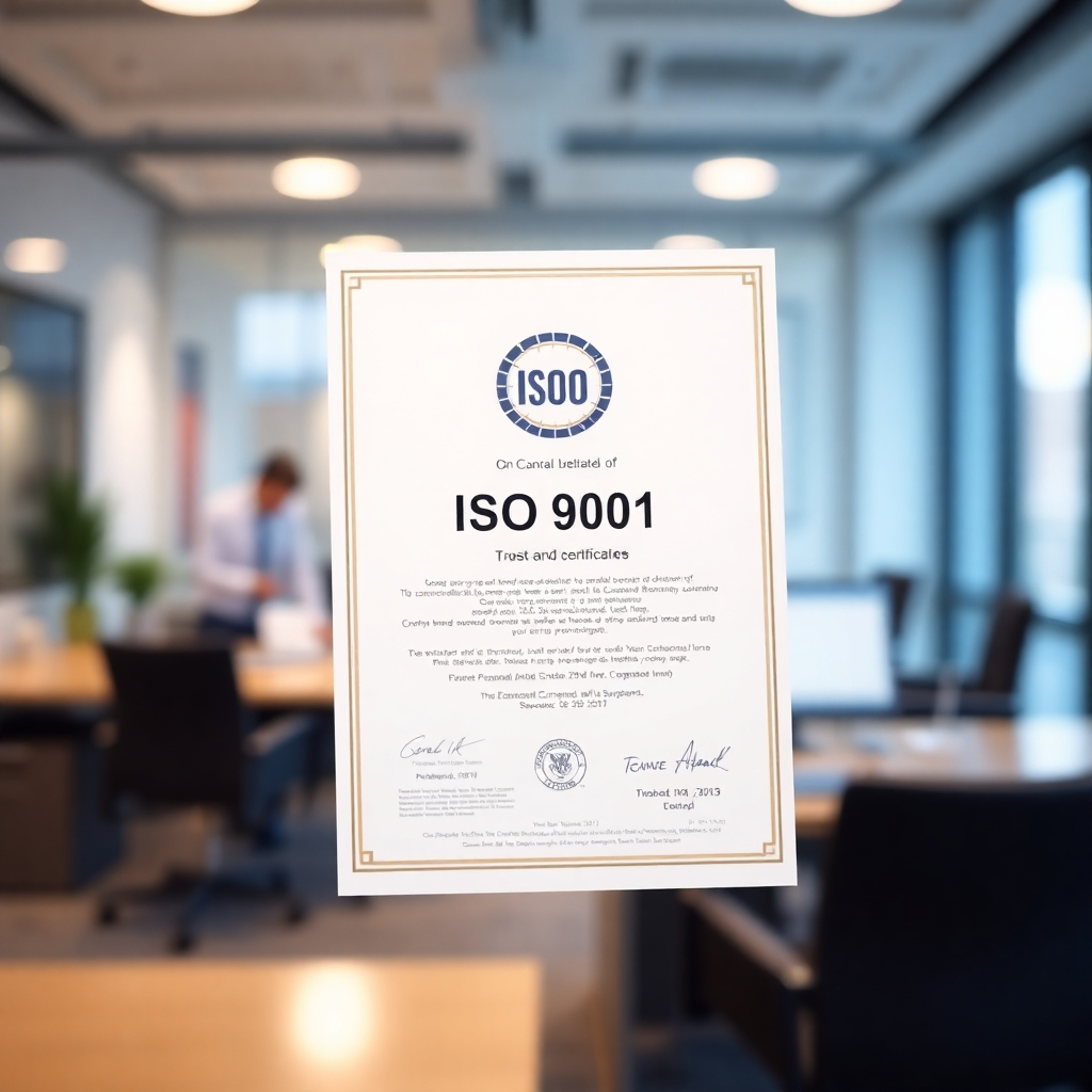 Image prompt: A close-up shot of an ISO 9001 certificate, with a blurred background of a professional office space. The image should convey trust and professionalism.