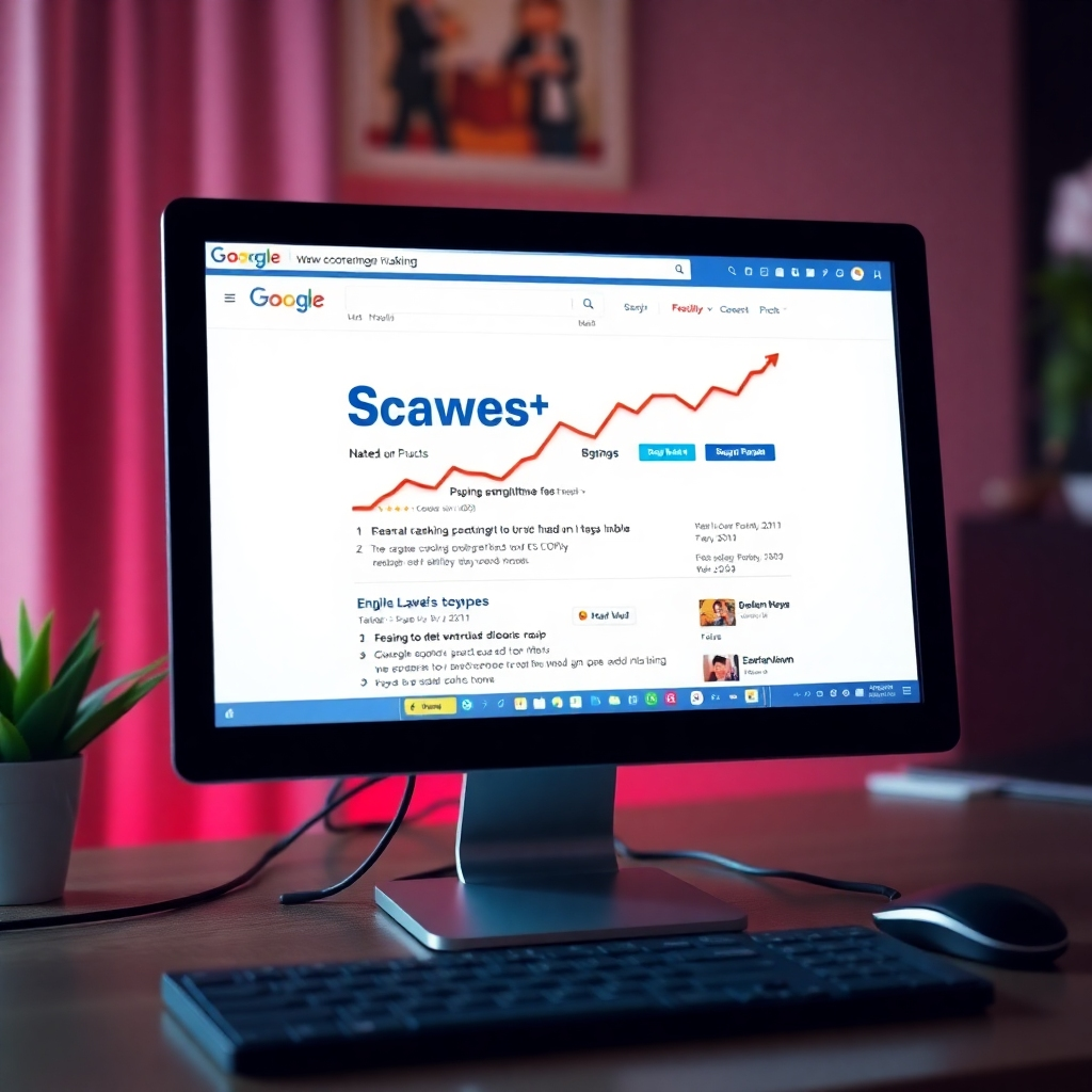 Photorealistic image depicting a computer screen showing a website ranking highly in search engine results.  Use a vibrant color palette and positive visuals to represent success.  The camera angle is close-up, emphasizing the ranking.