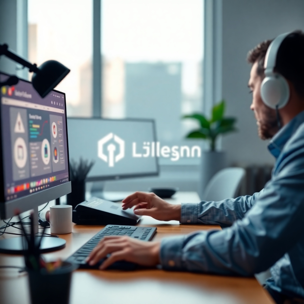 Photorealistic image depicting a modern logo design process.  Bright, clean color palette reflecting professionalism.  Camera angle should be close-up, focusing on design elements.  The style should be modern and professional, showing a professional designer's workspace.