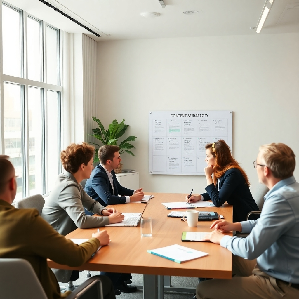 Photorealistic image of a content calendar or content strategy meeting in a modern office.  Use a clean, professional color palette.  The camera angle should be moderately zoomed-out, showing teamwork.