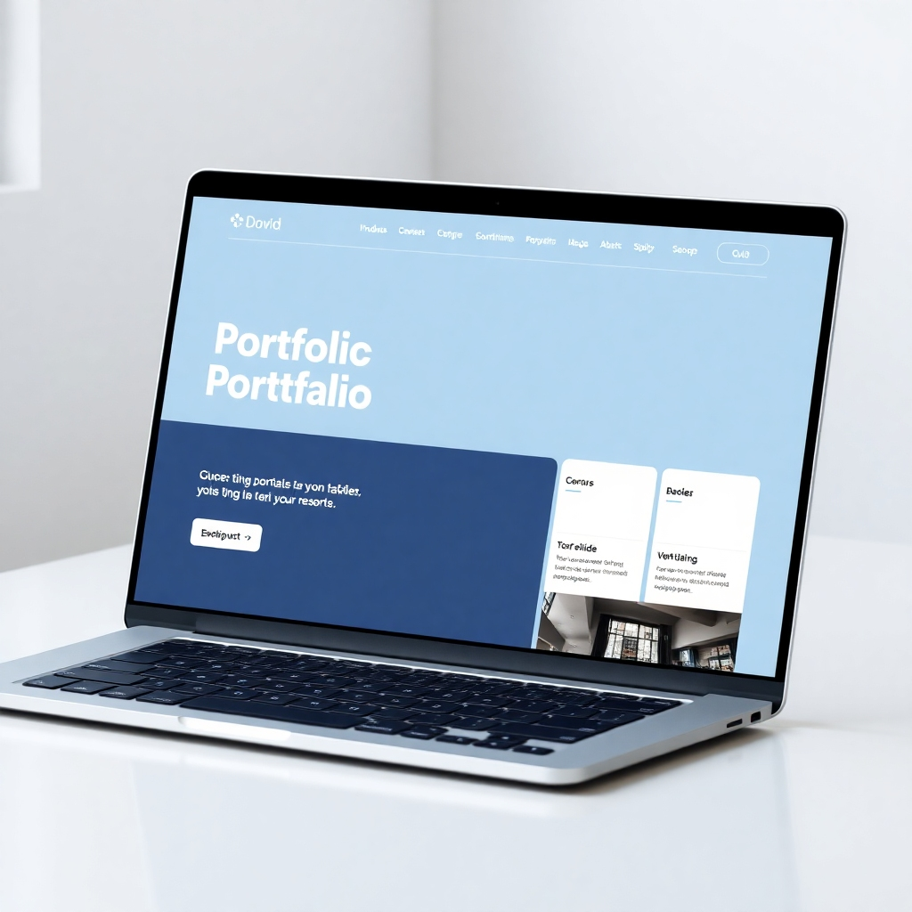 Photorealistic image of a sleek and modern portfolio website displayed on a high-end laptop.  The color palette should be clean, modern, and professional.  Camera angle should be a high-angle shot, emphasizing a clean design. The style must be professional and minimalist.