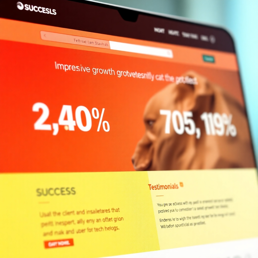 Photorealistic image, showcasing a client's website displaying impressive growth statistics and positive testimonials.  The color palette is bright and positive, reflecting success.  The camera angle is a close-up, focusing on the website's key elements.  Style should be clean, modern, and professional.