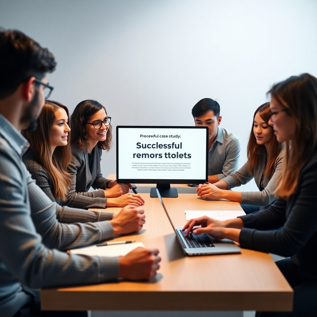 Photorealistic image, showing a team of digital marketers collaborating around a table with a laptop displaying a successful case study.  The lighting is soft and professional.  The camera angle is slightly elevated, providing an inclusive perspective.  The overall style must be professional and collaborative.