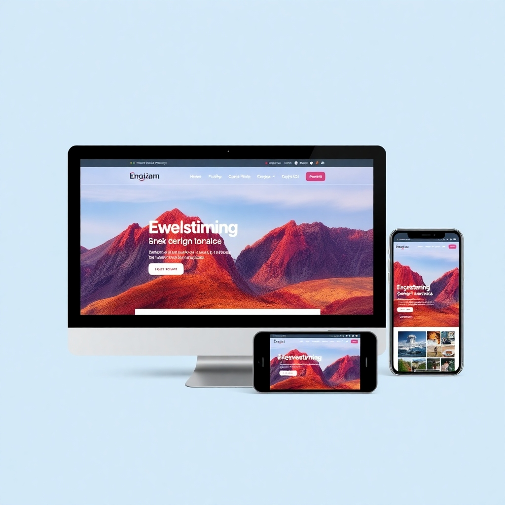 Show a website adapting seamlessly to various screen sizes (desktop, tablet, mobile). Use clean, modern design, and vivid colors. High quality 4K resolution.