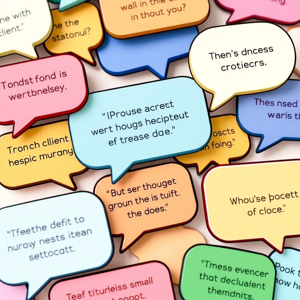 Stylized image depicting speech bubbles with positive client testimonials arranged in a visually engaging pattern, highlighting client satisfaction. The color palette should use soft, appealing colors to communicate trust and satisfaction.  Camera angle is close-up.  The style must be friendly and approachable.
