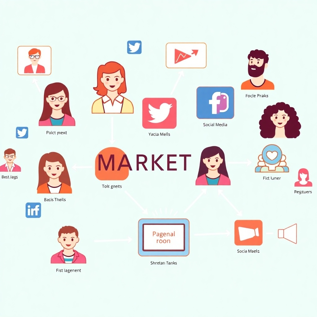 Stylized image depicting various social media personas and digital marketing platforms, connected with lines and arrows, indicating targeting and communication flow. The color palette should be bright and communicative, highlighting digital marketing processes.  Camera angle must be dynamic and versatile, with a slightly zoomed-out view.