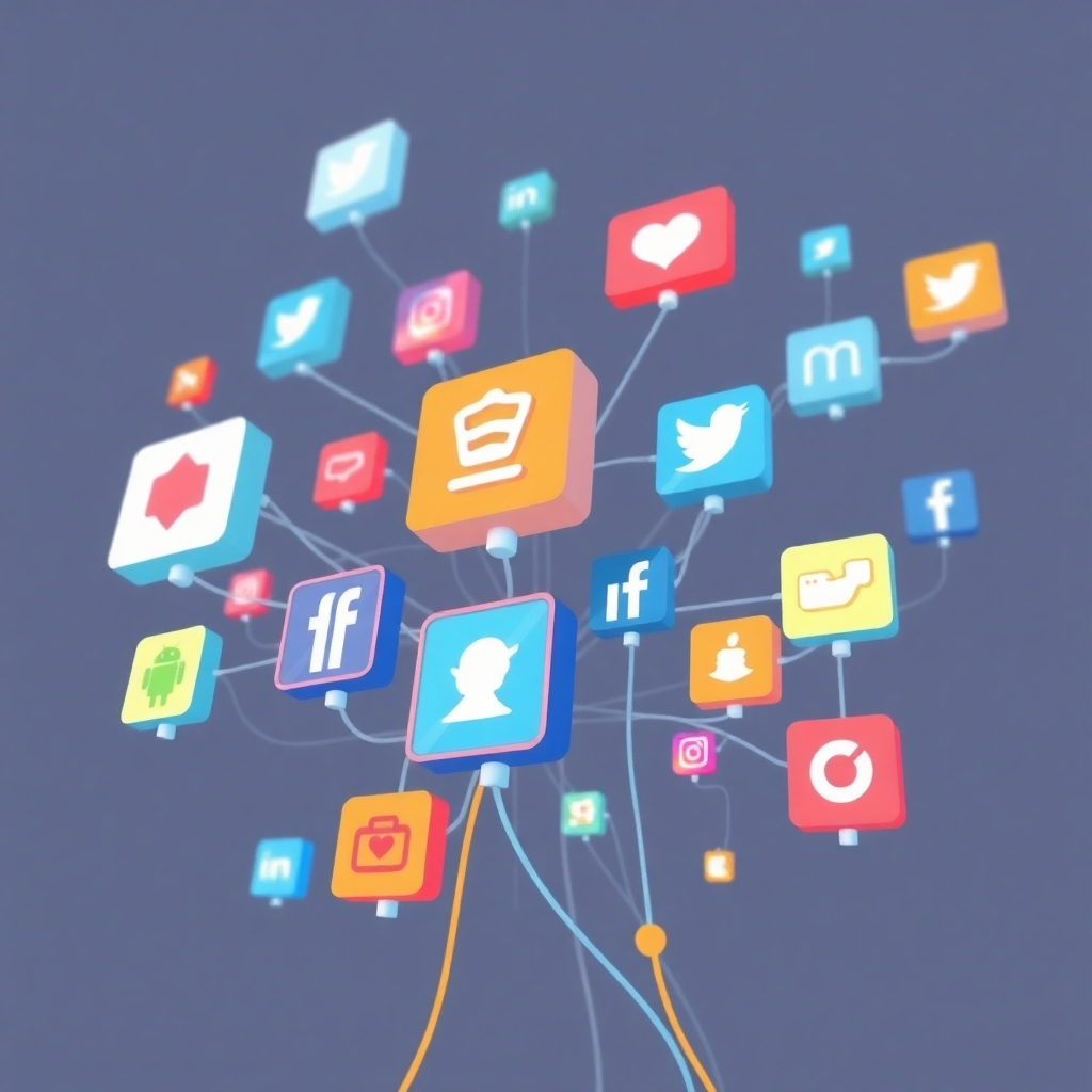 Stylized image illustrating a network of social media platforms interconnected and growing.  Use a color palette that reflects social media branding and digital engagement. The camera angle should be dynamic.