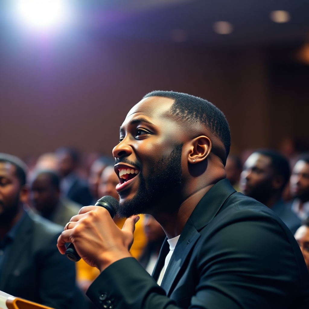  A dynamic image capturing Kelechi Akandu during a speaking engagement, full of energy and passion. The background should be blurred to emphasize him as the focal point, using a wide-angle lens to capture the audience's energy. The image should reflect the mood and intensity of the event. Aim for a 4k resolution with vibrant colors and sharp details.