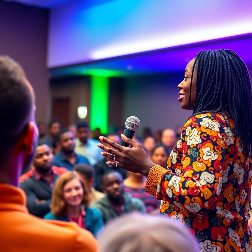 A dynamic image showing Kelechi Akandu speaking to an engaged audience.  The image should capture the energy and connection between speaker and audience. Aim for a 4k resolution with vibrant colors and sharp details. Focus on conveying enthusiasm and a connection with the audience.