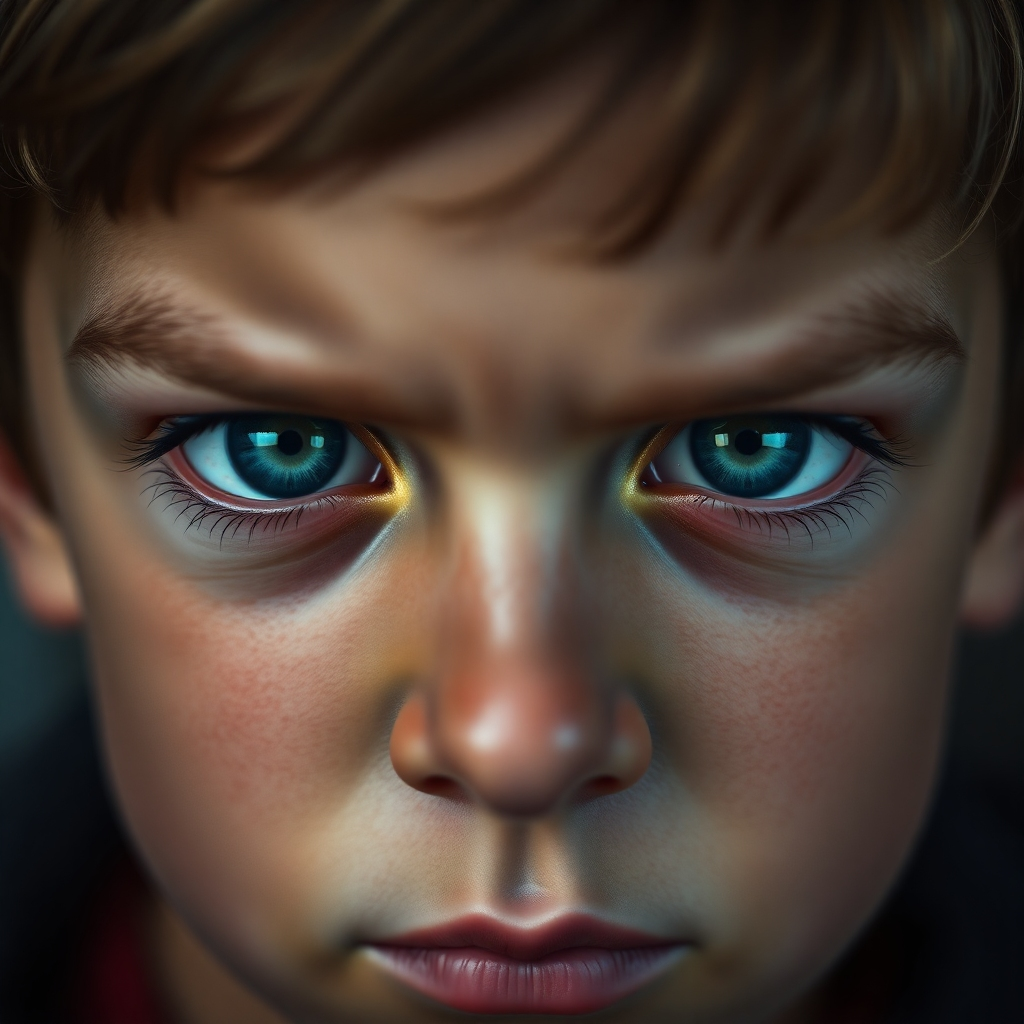 A photorealistic close-up of a young boy's eyes, intensely blue and filled with an unsettling combination of fear and anger. The background is intentionally blurred, drawing the viewer's focus solely to the captivating and somewhat disturbing expression in the boy's eyes. 8K resolution, hyperrealistic style, emphasizing the unsettling detail in the eyes.