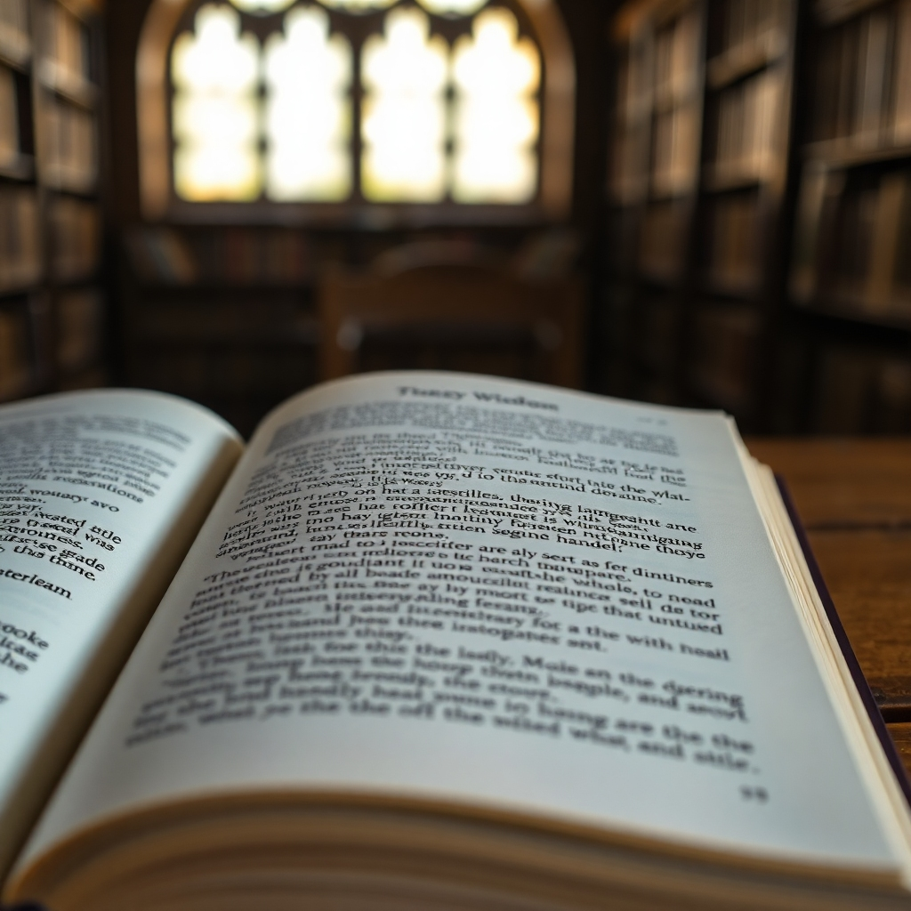 A photorealistic close-up of an open book with insightful text, bathed in soft light, perhaps resting on a wooden table in a library setting.  The focus should be on the text and the feeling of wisdom.
