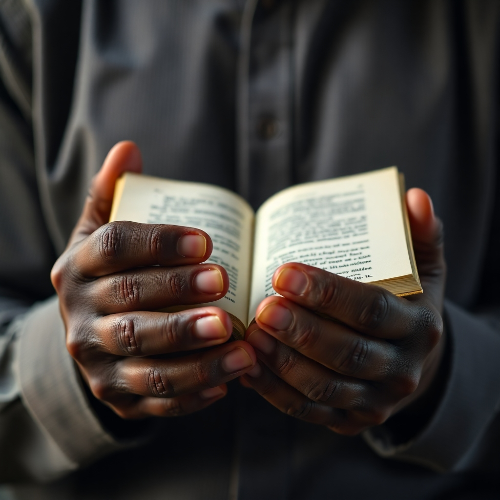 A photorealistic close-up shot of Kelechi Akandu's hands holding a book, subtly capturing the weight and meaning of his words.  Focus on the texture of his hands and the book's cover.  The lighting should be soft and warm, highlighting the importance of his written message. Aim for a 4k resolution with a high degree of realism.