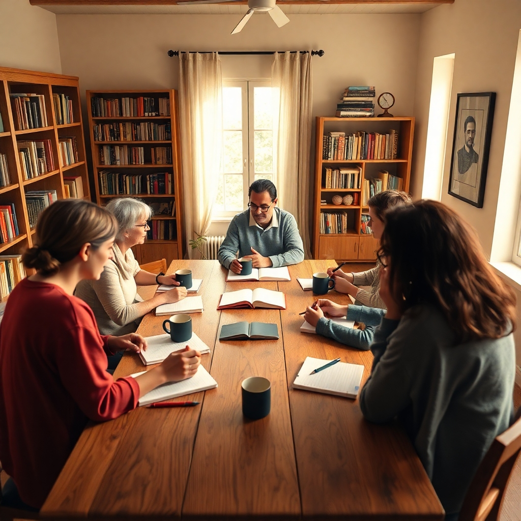 A photorealistic image, 8K resolution and hyperrealistic detail, showing Ezekiel Ezechim leading a small group writing workshop in a cozy, sunlit room.  The composition should be intimate and focused, showing Ezekiel interacting with the participants around a large wooden table strewn with notebooks, pens, and steaming mugs.  The lighting should be soft and diffused, creating a warm and inviting atmosphere.  The color palette should be calming and earthy, with warm wood tones, soft cream walls and pops of color from the participants' clothing. The camera angle should be slightly elevated, looking down on the group from a comfortable distance. The materials should be realistically textured; the wood grain on the table, the soft texture of the notebooks, the sheen of the mugs. Environmental elements include bookshelves filled with Christian literature, creating a sense of learning and community. The image should feel inspiring and encouraging, in the style of a documentary photograph, conveying authenticity and genuine human connection.  The overall mood should be calm, peaceful, and uplifting.