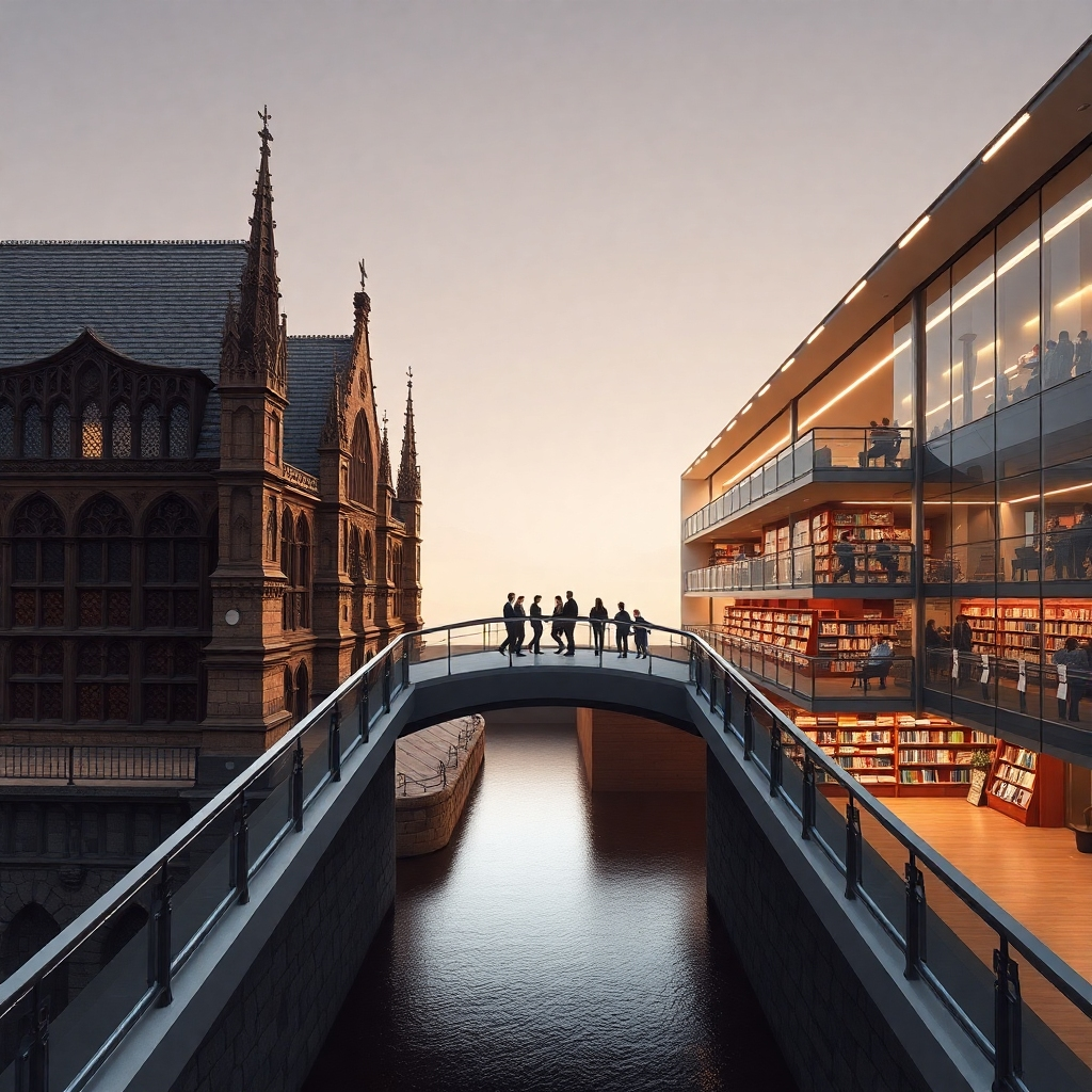 A photorealistic image depicting a bridge connecting two distinct architectural styles: one representing a traditional church (Gothic or similar) and the other a modern, accessible building, such as a library or bookstore. People are shown walking across the bridge, representing the connection between the traditional pulpit and the wider audience. The lighting should be soft and inviting, emphasizing the bridge as the focal point. The image should visually communicate a sense of connection and accessibility. The styles of architecture should show a clear contrast, highlighting the bridge as the means of bringing these two worlds together.