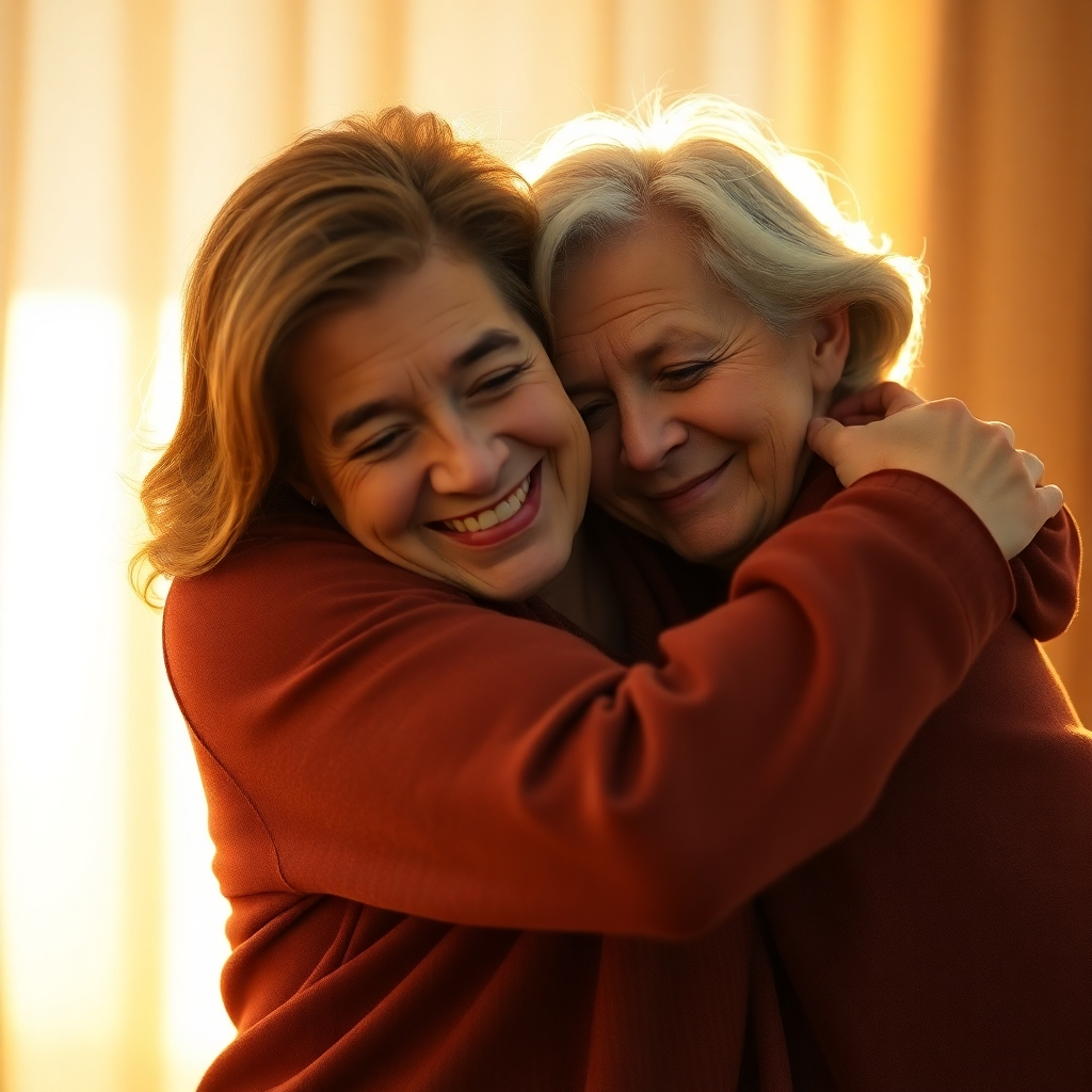 A photorealistic image depicting Marlene and her son embracing, bathed in a warm, golden light. Their expressions convey joy, peace, and healing. The background should be soft and blurred, keeping the focus on their reunion and emotional connection. 8K resolution, hyperrealistic, with a focus on emotional detail.