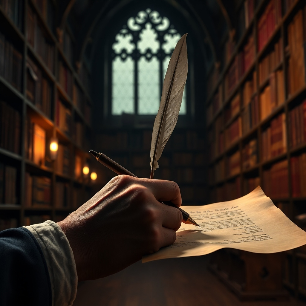 A photorealistic image depicting a hand writing on a parchment scroll with a quill pen. The background should be a dimly lit church or library, with bookshelves filled with ancient tomes. The image should have a warm, antique feel; detailed textures, cinematic lighting, high resolution