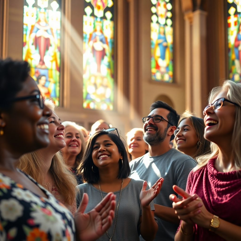 A photorealistic image depicting a diverse group of people of all ages and ethnicities joyfully worshipping together in a church setting, sunlight streaming in through stained glass windows. Focus on expressions of joy, peace, and connection.  The image should use a warm color palette, emphasizing the feelings of unity and belonging.