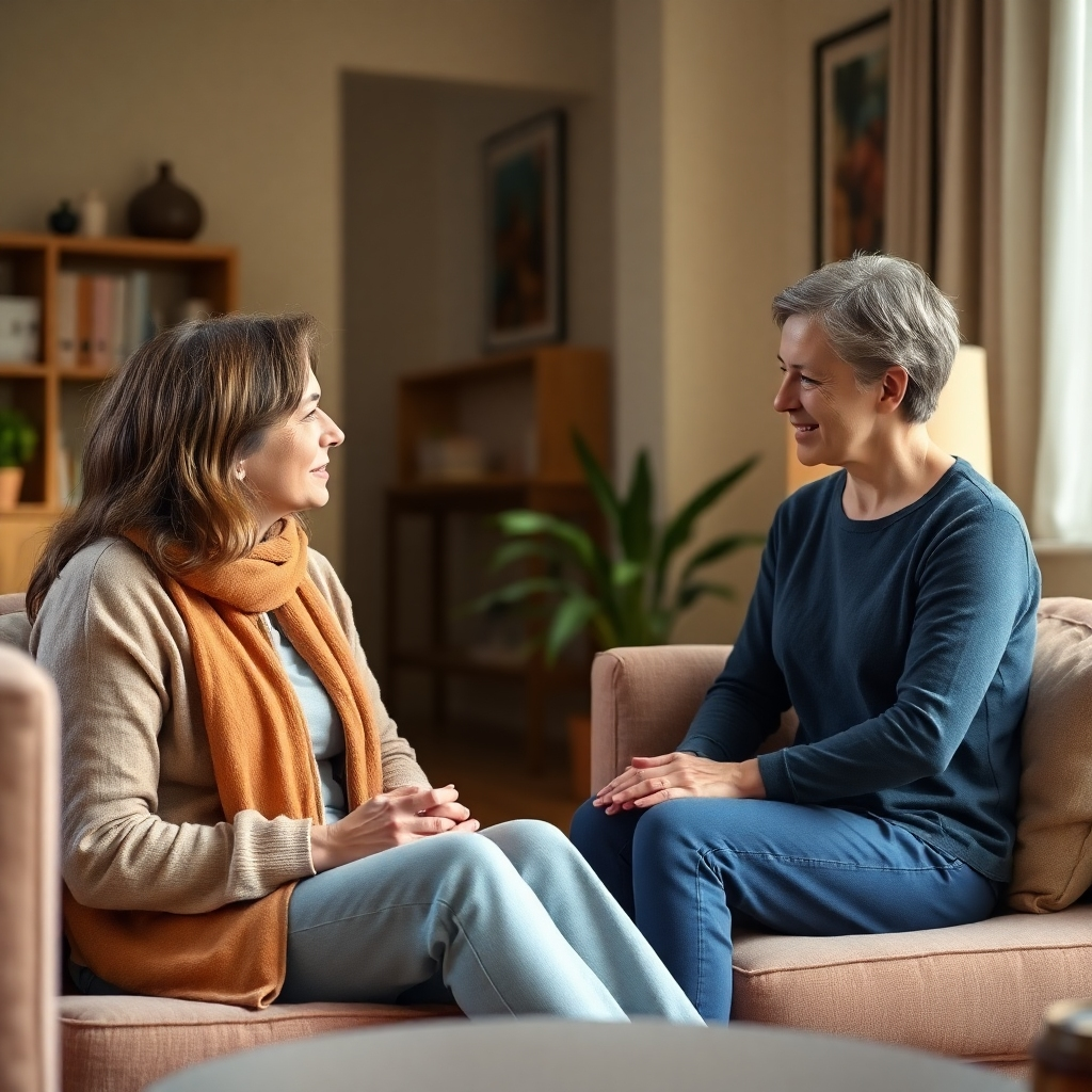 A photorealistic image depicting a counsellor and client in a warm, inviting setting, engaging in a conversation. The focus is on a feeling of safety and trust. Use soft lighting, natural colors, and a comfortable environment.