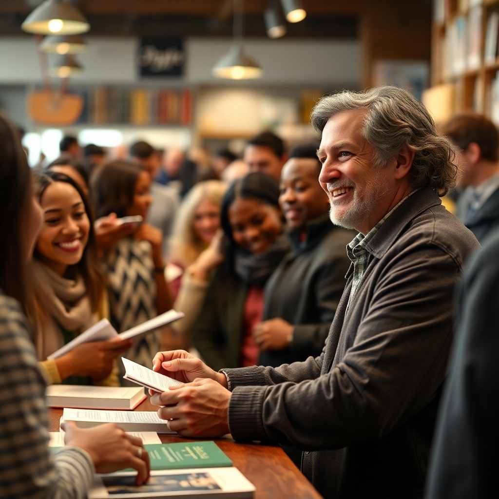 A photorealistic image depicting a Christian author at a book signing, engaging warmly with diverse readers.  The setting could be a bookstore or a community event.  The author should be smiling genuinely, connecting with individuals, and signing books.  The background should show a diverse crowd, representing the broad reach of the message. The image should portray a sense of community, connection, and the positive impact the book has had on the lives of readers. Focus on the human interactions and genuine emotions to communicate the importance of community building and sharing faith.