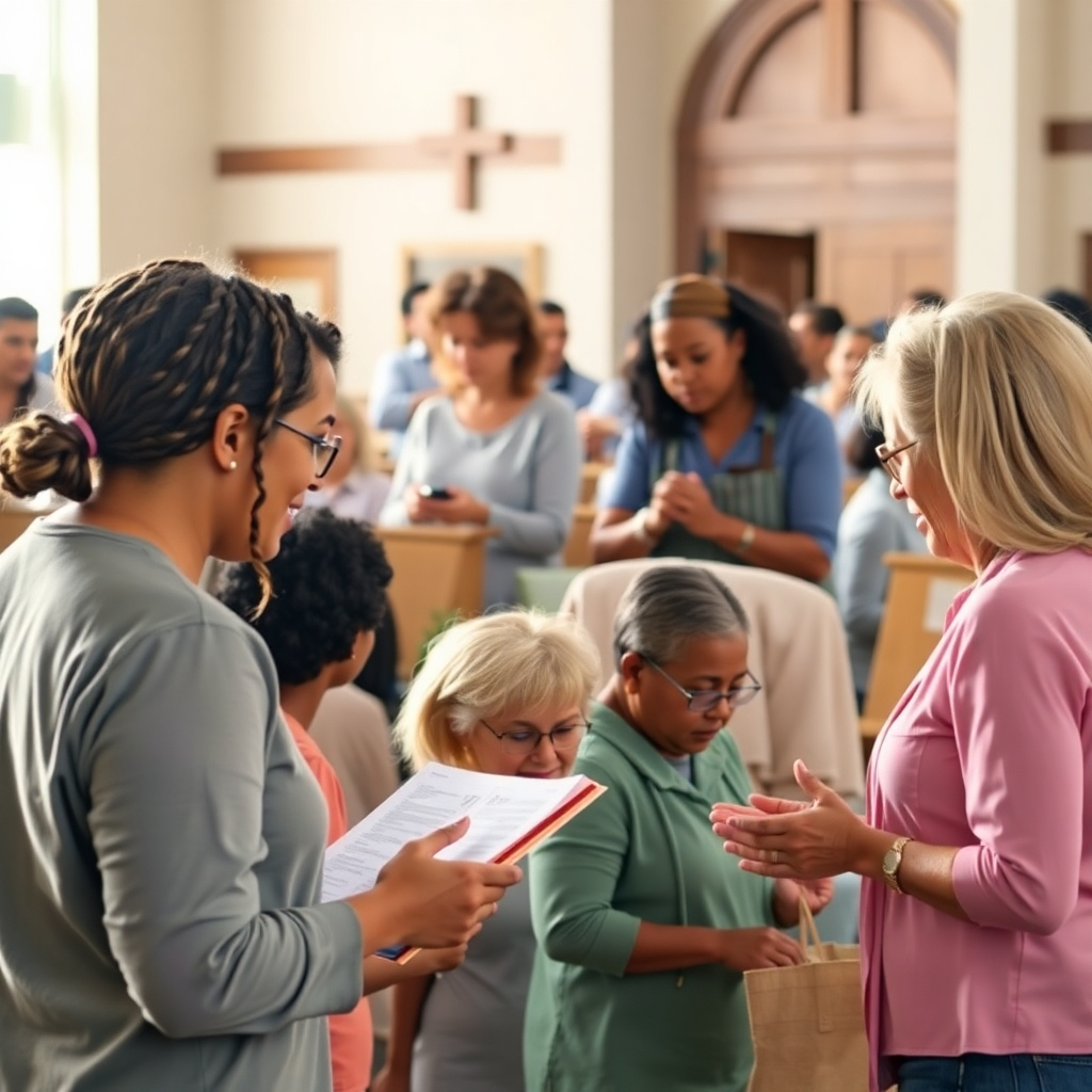 A photorealistic image depicting people actively serving within their church community:  some leading a Bible study, others helping with community outreach. Focus on acts of service and kindness. Use a color palette of soft pastel shades and natural light to bring forth a feeling of tranquility and faith.