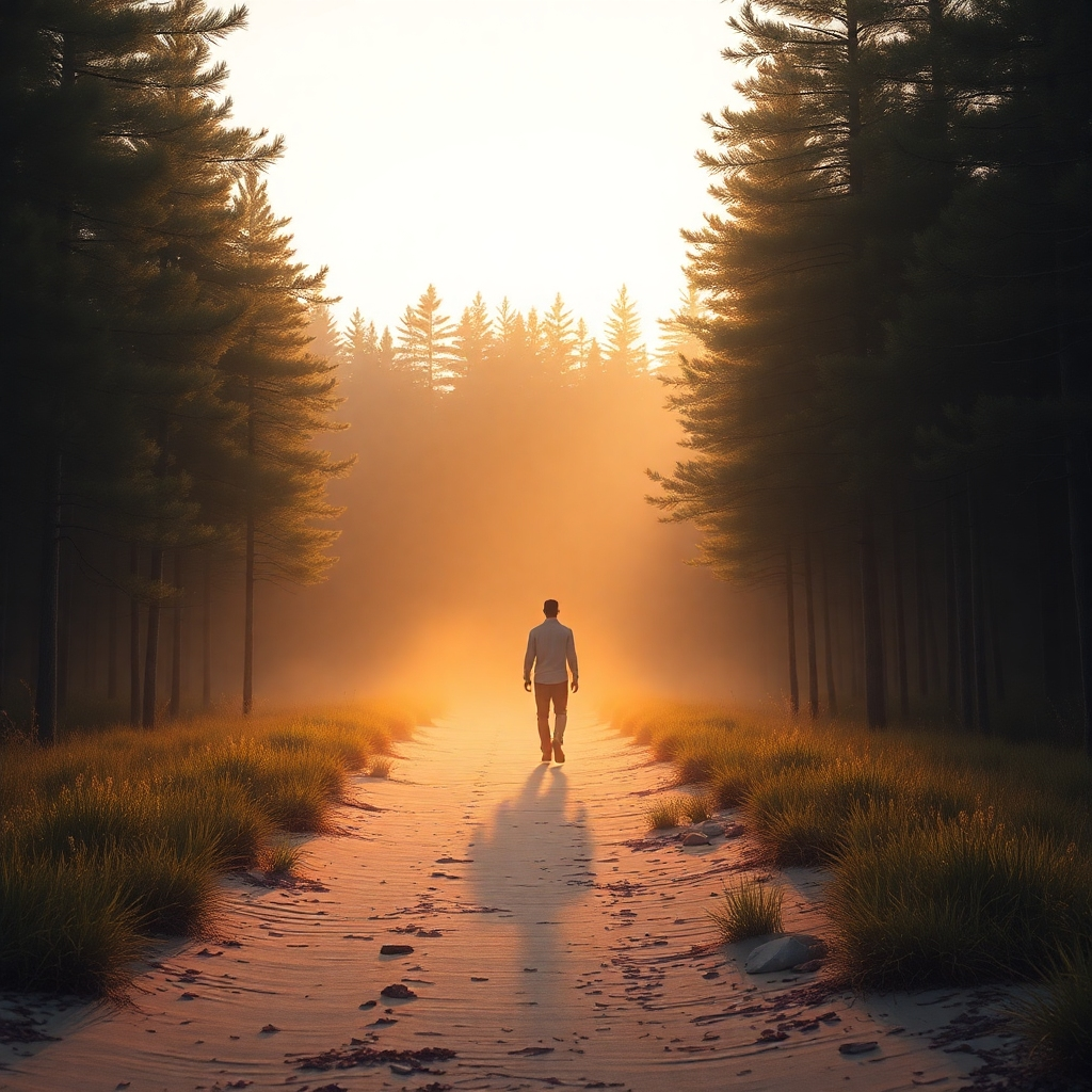 A photorealistic image depicting a person walking peacefully through a serene natural setting, such as a forest or a beach at sunrise. The feeling should be one of hope, renewal, and peace.