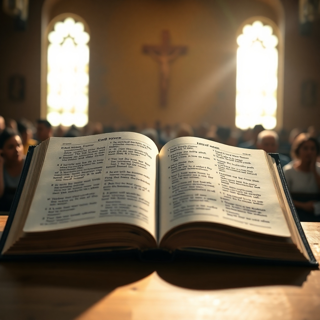 A photorealistic image depicting an open Bible with sunlight illuminating the pages, showcasing verses about God's power and a blurred background of a diverse congregation in a church. Emphasize the texture of the paper and the light's glow.