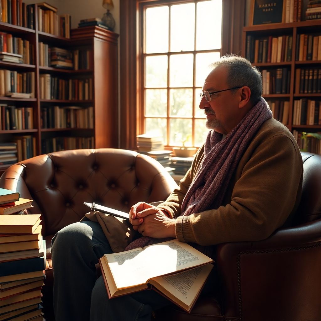 A photorealistic image in the style of Annie Leibovitz, depicting Ezekiel Ezechim and a mentee sitting together in a sun-drenched study.  The composition is intimate and balanced, showing both individuals engaged in conversation.  The lighting should be soft and natural, streaming through a large window. The color palette is warm and inviting, dominated by natural light and subtle shadows. The camera angle is eye-level and slightly off-center, allowing for visual breathing room. Textures are highly detailed: the worn leather of a well-loved armchair, the crisp pages of a manuscript, the intricate weave of a woolen scarf. The environment includes numerous books, adding to the intellectual and spiritual ambiance.  Props such as a pen, glasses, and a partially written manuscript can be included. The focus should be on the thoughtful exchange between Ezekiel and his mentee, conveying a sense of trust and growth. The overall image should be hyperrealistic and ultra-detailed, emphasizing the emotional depth of their interaction.  The image should be 8K resolution.
