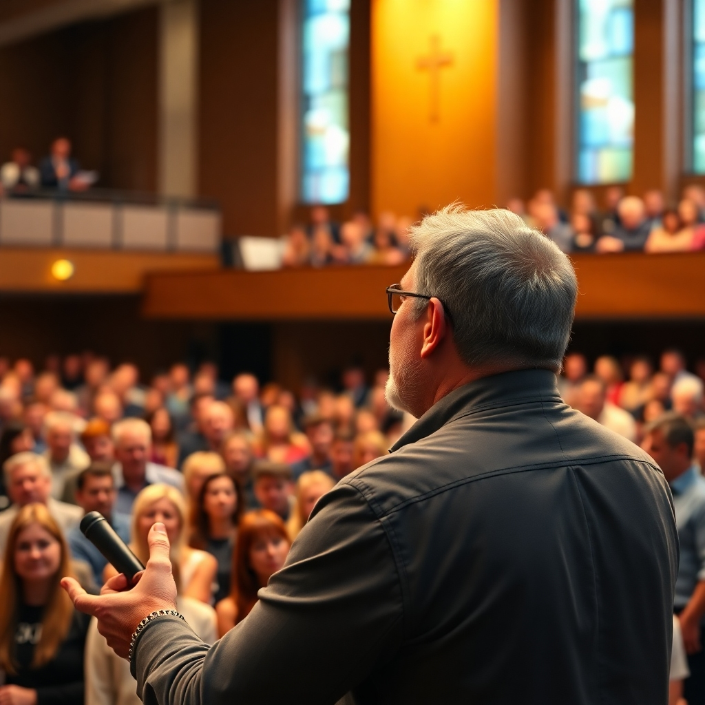 A photorealistic image of a charismatic speaker passionately addressing a large, diverse congregation in a modern church or auditorium. The scene should evoke emotion and connection; warm lighting, shallow depth of field, focus on the speaker's expressive face and engaged audience; high resolution