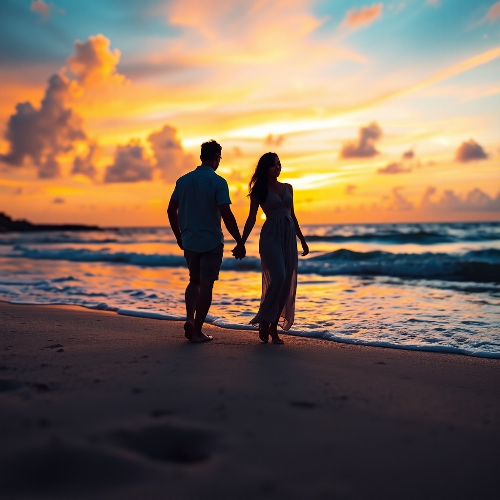 A photorealistic image of a couple holding hands, silhouetted against a vibrant sunset on a tropical beach.  The image should focus on their connection and the serene beauty of the setting.  The color palette should be warm and inviting, with rich oranges and yellows in the sky.  The camera angle should be from a lower perspective, emphasizing the vastness of the sky and ocean. The textures should highlight the softness of the sand and the gentle movement of the waves.  The overall mood should be romantic and peaceful, reflecting the couple's intimacy and connection.