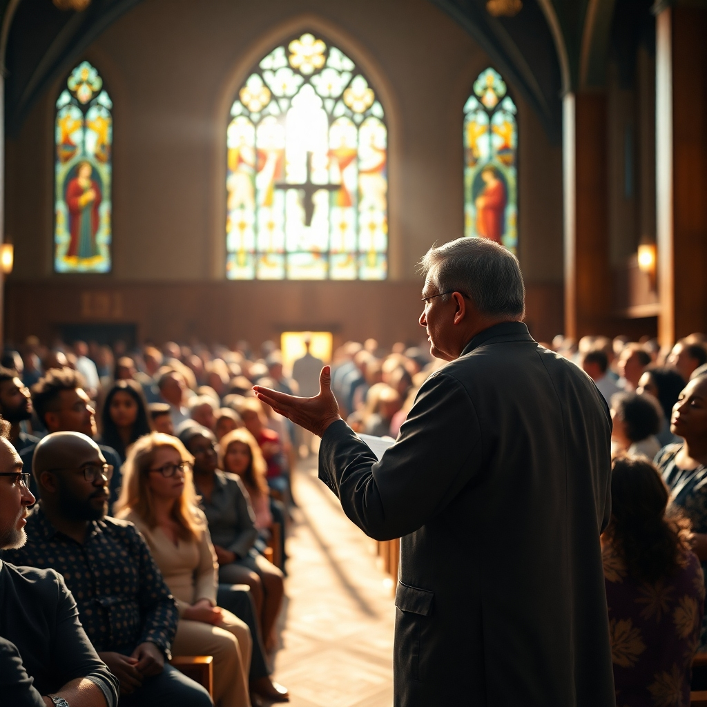 A photorealistic image of a passionate preacher delivering a sermon to an attentive and diverse congregation in a modern church, light streaming through stained-glass windows. Focus on the preacher's expressive gestures and the audience's rapt attention. The style should be photojournalistic, capturing a moment of genuine spiritual connection.