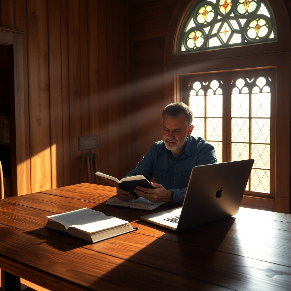 A photorealistic image of a person, possibly a pastor or author, sitting at a wooden desk with an open Bible and a laptop, bathed in soft sunlight streaming through a stained-glass window. The scene should exude peace, inspiration, and focus; high detail, sharp focus, cinematic lighting