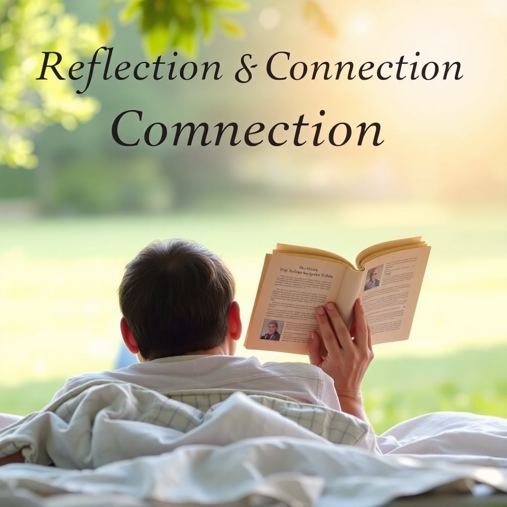 A photorealistic image of a person reading a book in a quiet and peaceful setting, representing reflection and connection.