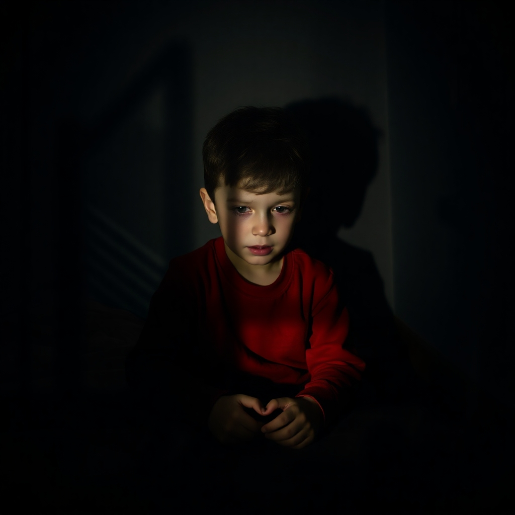 A photorealistic image of a young boy playing alone in a dimly lit room. The shadows play across his face and form around him, creating a subtle yet unsettling atmosphere. The boy appears isolated and scared. 8K resolution, hyperrealistic, with a focus on building tension and unease.
