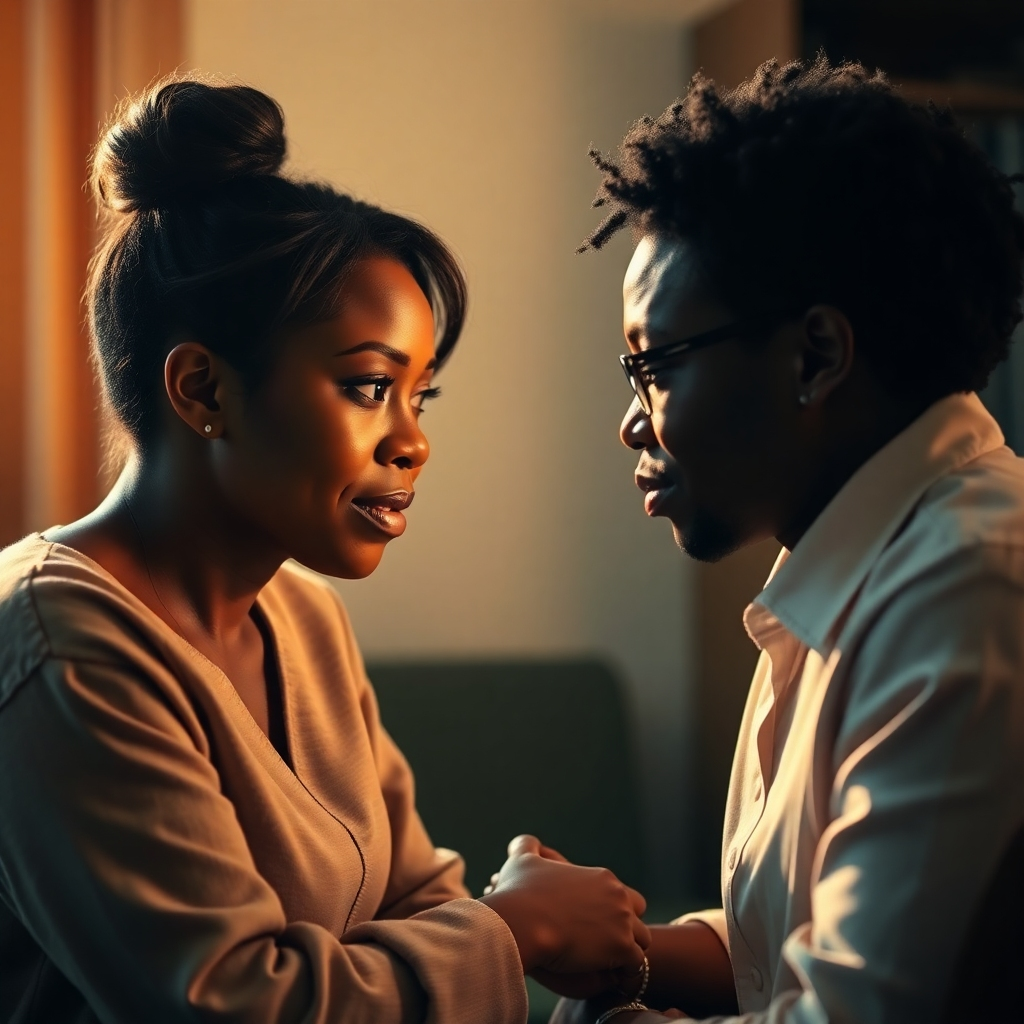  A photorealistic image of Kelechi Akandu counseling someone, with a soft, warm light creating a sense of intimacy and trust. The setting could be a cozy office or a quiet corner of a church. Focus on capturing the emotional connection between them, using soft lighting and a natural color palette. Aim for 4k resolution and high-quality detail, emphasizing genuine emotions.