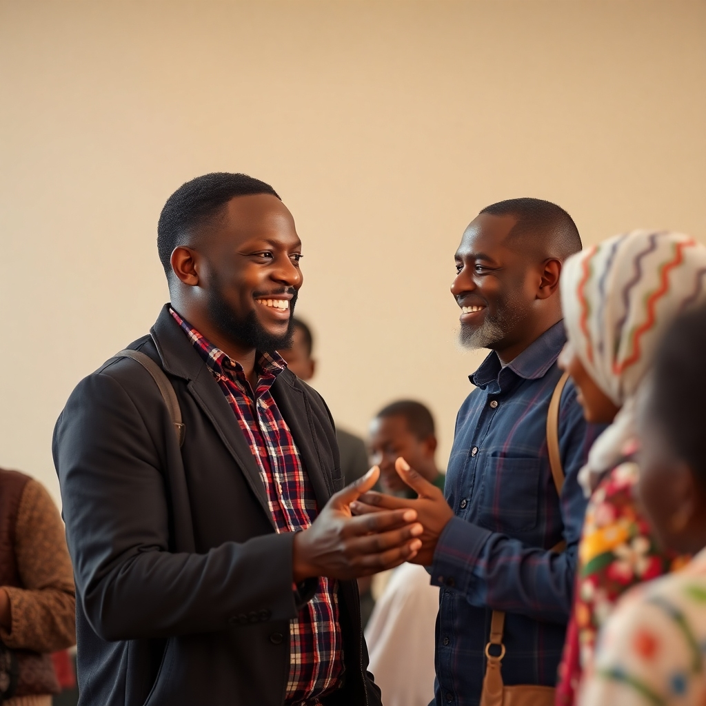 A photorealistic image of Kelechi Akandu interacting positively with members of his community. The image should depict a relaxed yet meaningful encounter, showcasing the genuine connection between him and the people he serves. The lighting should be warm and inviting. Aim for a 4k resolution with a natural color palette.