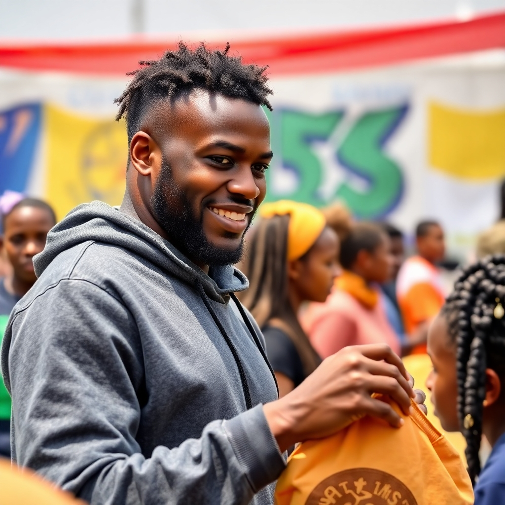 A photorealistic image of Kelechi Akandu participating in a community service event. The image should capture the energy and positive impact of the event, showcasing his involvement with the community. The setting should be authentic and vibrant. Aim for a high-quality 4k resolution with natural light and an optimistic color palette.